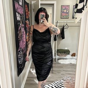 Black Ruched Cowl- Neck Slip Dress